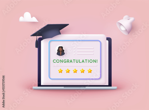 Icon of graduation certificate with cup, diploma. 3D Web Vector Illustrations., "Graduation Celebration Vector with Laptop and Cap for Academic Success"

