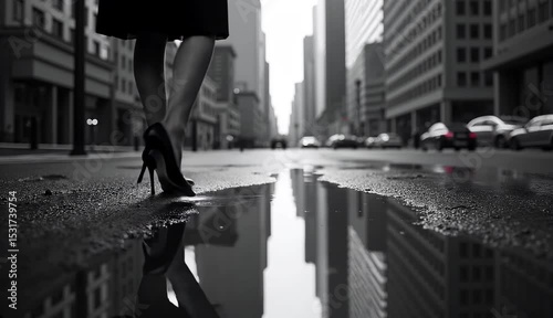 都会の道路を歩くハイヒールを履いた女性