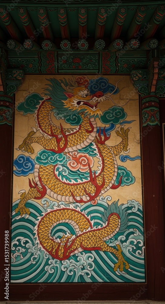 Fototapeta premium Magnificent Asian Dragon Mural Painting on Temple Wall, Intricate Details and Vivid Colors