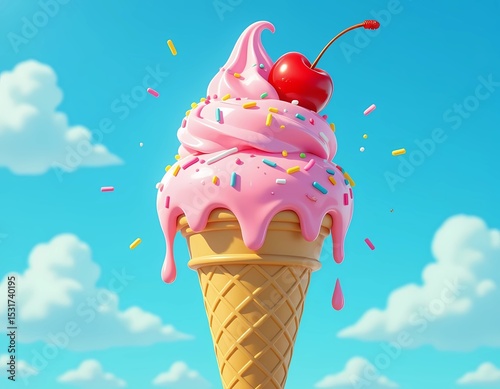 Pastel Ice Cream Cone with Delicious Waffle and Sweet Colors