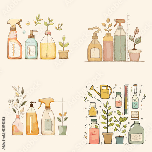 Hand-drawn eco-friendly bottles and sprays for cleaning and plant care, with herbs and greenery in minimalist pastel style, ideal for sustainability visuals.

