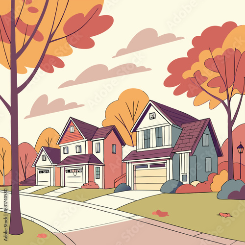 "Suburban Houses Autumn Landscape Illustration with Trees"