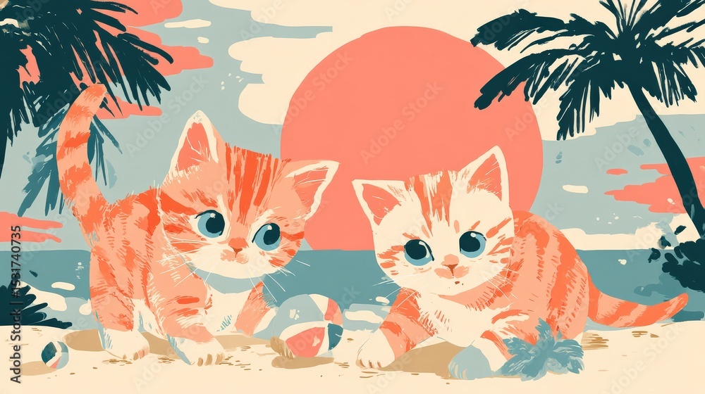 Fototapeta premium Playful Kittens on Beach with Sunset and Tropical Palm Trees