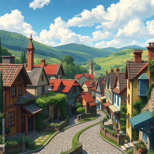 Scenic village nestled amongst rolling green hills under a bright, sunny sky with white clouds