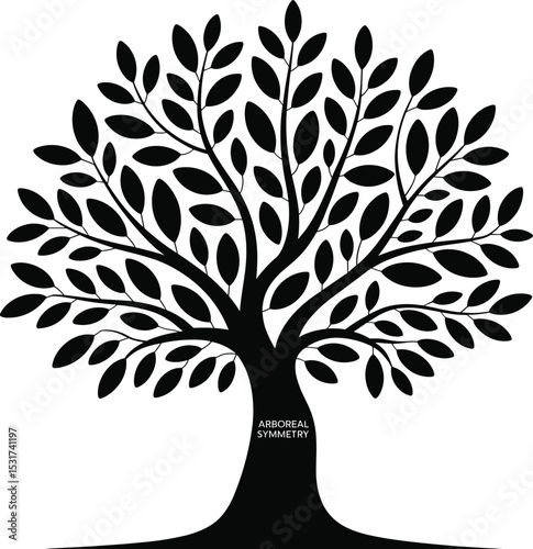 Elegant symmetrical tree silhouette with spreading branches and dense leaves, nature inspired design, botanical shape, black isolated vector for decoration, print, or eco branding