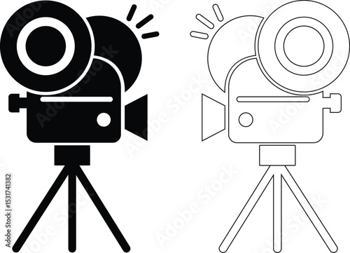 Dual Style Vintage Movie Camera Icons Bold Black Fill and Minimalist Outline Design on Tripods Representing Classic Cinematic Filmmaking Equipment