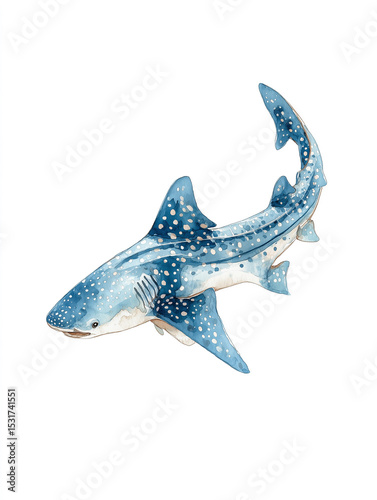 Watercolor whale shark swimming in the ocean depths