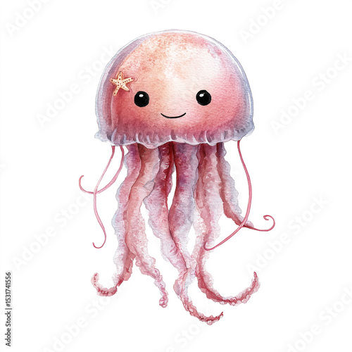 Cute pink jellyfish smiling with starfish on head watercolor illustration