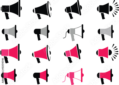 Colorful Megaphone Icon Set Featuring Various Styles, Angles, and Sound Effects for Graphic Design and Communication Concepts