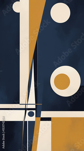 Bold modernist composition with large color swaths in navy, mustard, and ivory, edged with visible dry brush textures.