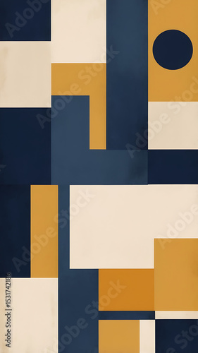Bold modernist composition with large color swaths in navy, mustard, and ivory, edged with visible dry brush textures.