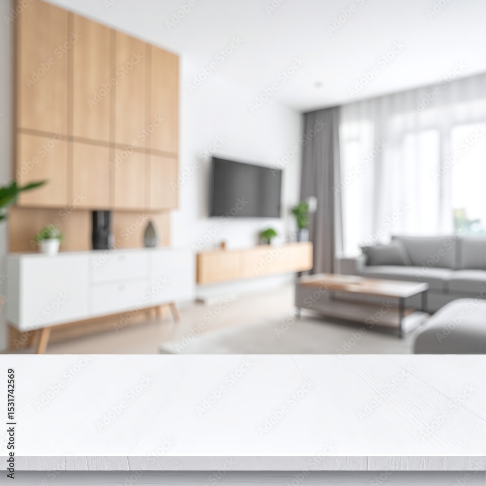 Fototapeta premium A pristine white tabletop sits in the foreground, while a softly blurred interior space with warm tones and gentle lighting creates a cozy ambiance behind it.