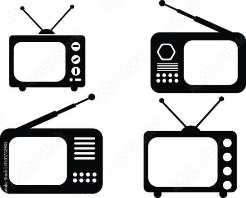 Vintage Television Icons Collection Retro TV Set Silhouettes with Antennas and Buttons, Perfect for Classic Media and Broadcast-Themed Designs.