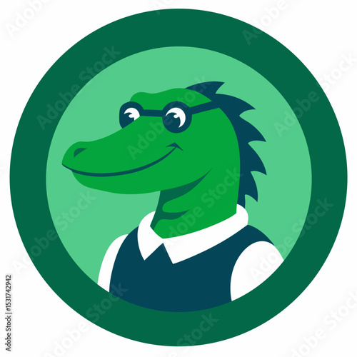 Friendly green alligator wearing glasses in a circle