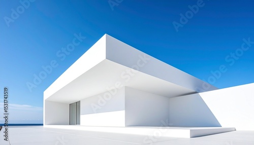 Architectural photography of minimal white building, clear sky background, elegant balance, symmetry and negative space, high-quality image for slide background, Scandinavian design influence