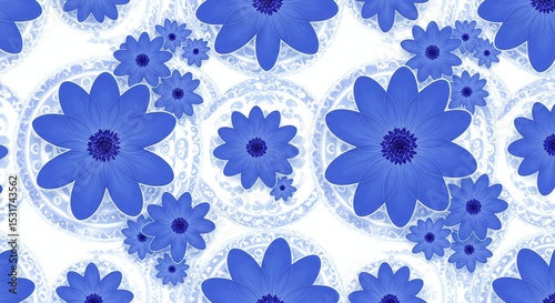 Vibrant blue flowers with intricate details on a clean white background; organized in a repeating pattern. The composition highlights the size variation among flowers, creating visual interest.