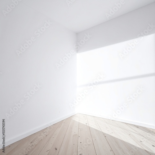 A spacious, empty room featuring pristine white walls that reflect natural light, complemented by a warm, polished wooden floor that adds a cozy touch.
