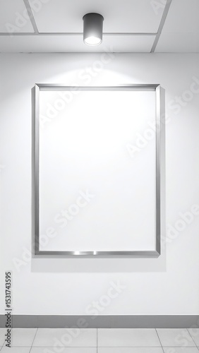 A spacious, empty white room featuring smooth walls and a polished floor, highlighted by a large blank poster hanging centrally, inviting creativity.