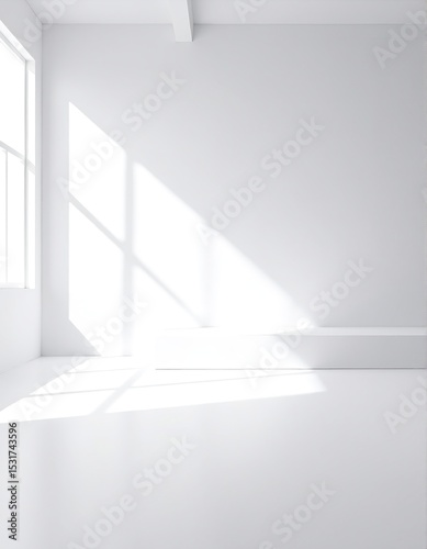 A bright, empty white room bathed in warm sunlight streaming through a large window, casting soft shadows on the pristine walls and floor.