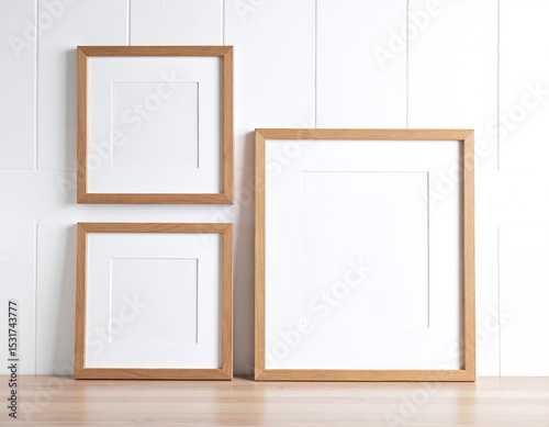 Three elegant picture frames of varying sizes rest on a rustic wooden floor, showcasing intricate designs and empty spaces, inviting creativity.