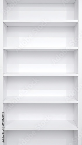 A clean, minimalist vector illustration of white empty shelves, showcasing a modern design with smooth lines and ample space for displaying items.