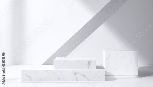 A collection of pristine white marble blocks of varying sizes elegantly arranged on a polished wooden table, showcasing their smooth surfaces and natural veining.