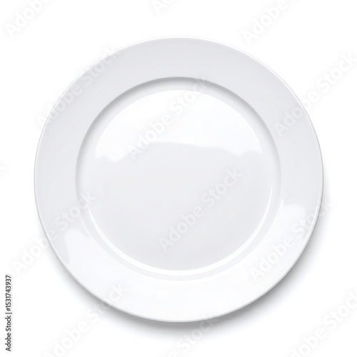 A pristine white plate rests elegantly on a smooth, neutral-toned background, highlighting its glossy surface and subtle curvature, perfect for showcasing culinary delights.