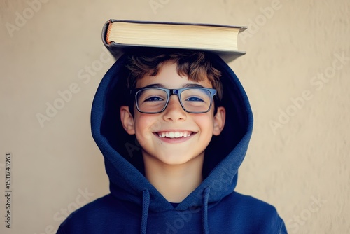 Happy boy wearing glasses and a hoodie with a book balanced on his head.