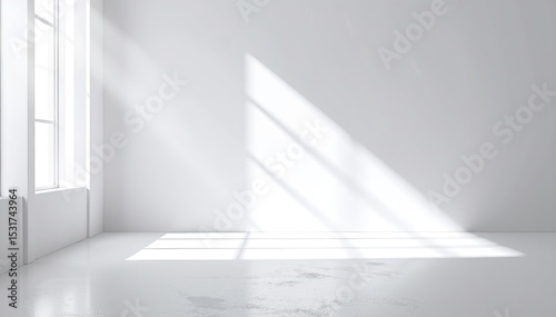 Bright white room featuring a large window that lets in natural light, illuminating the smooth white walls and polished wooden floor, creating a serene atmosphere.