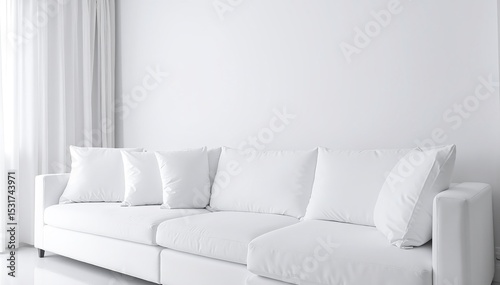 A sleek white sofa adorned with plush cushions sits in a bright, minimalistic living room, featuring light wood flooring and large windows that invite natural light.