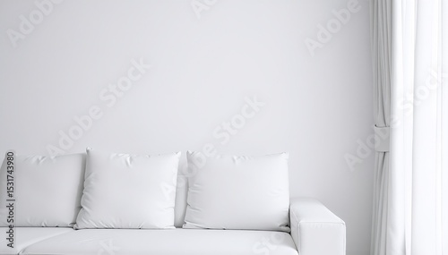 A sleek white sofa adorned with plush cushions sits in a bright, minimalistic living room, featuring light wood flooring and large windows that invite natural light.