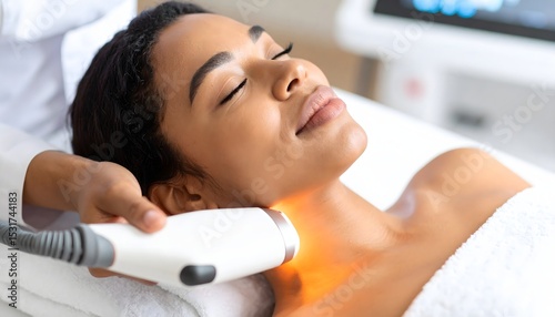 Young African American Woman Receiving Professional Light Therapy Skin Treatment with Warm Glow
