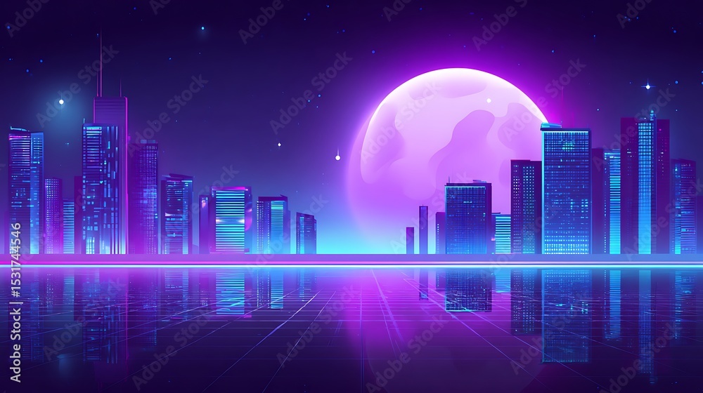 Fototapeta premium Synthwave city with a colossal moon