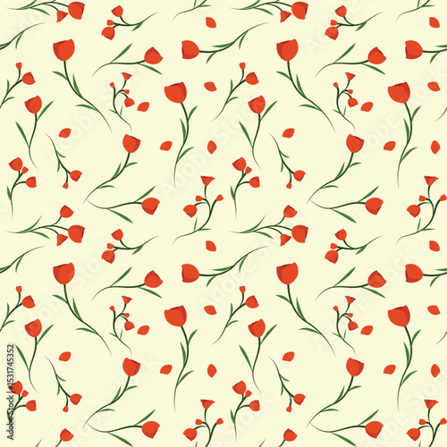  Vibrant seamless pattern featuring stylized red flowers, like tulips or poppies, with green stems on a pale yellow background
