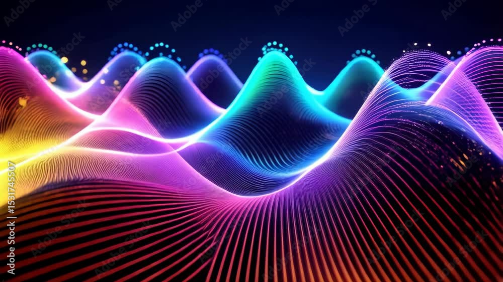 Abstract colorful curved glowing light waves animation with particles flowing on surface and floating in the dark background