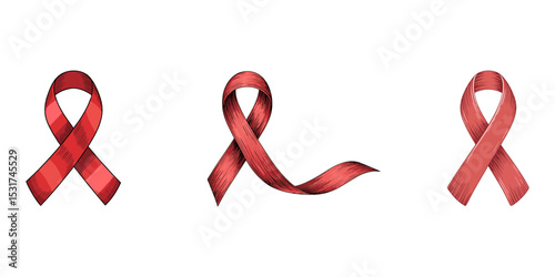 Red ribbons with long and short tails, Aids Ribbons, World AIDS Day One december illustration background type five, HIV AIDS Day awareness poster, December 1. Banner with realistic red ribbon. World