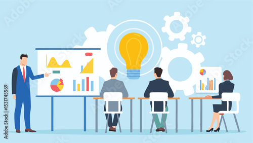 Presentation with charts and graphs being shown to a group with a lightbulb idea concept and gears