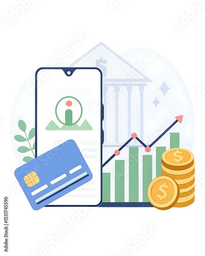 Flat vector illustration of modern banking and finance concept with mobile banking app interface, credit card, floating gold coins, and financial graphs – fintech, payments, and digital money manageme