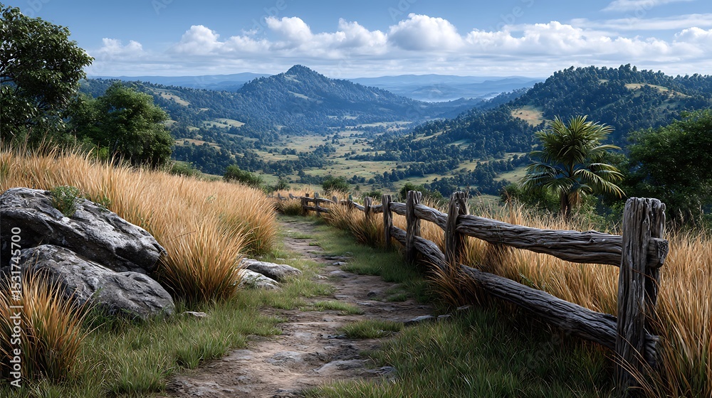 custom made wallpaper toronto digitalA realistic high-definition photo of a peaceful countryside view with rolling hills and fences.