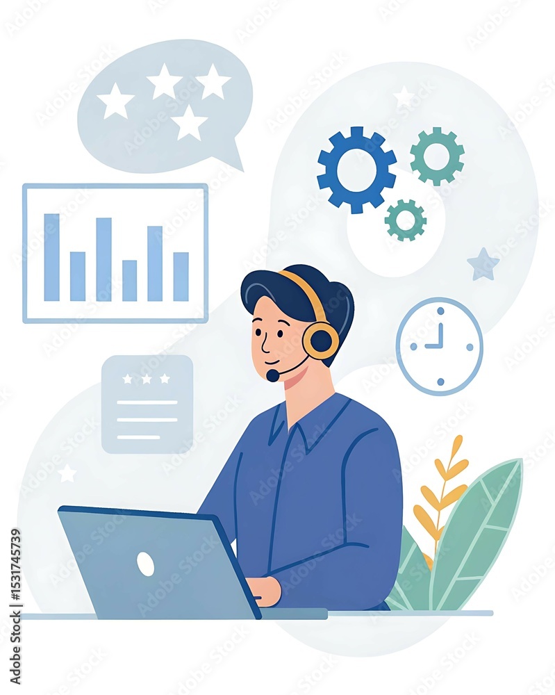 Flat vector of a customer support representative with headset surrounded by FAQ icons, dashboard screens, and message bubbles – concept of online tech support, help desk service, and business communic Flat vector of a customer support representative with headset surrounded by FAQ icons, dashboard screens, and message bubbles – concept of online tech support, help desk service, and business communic