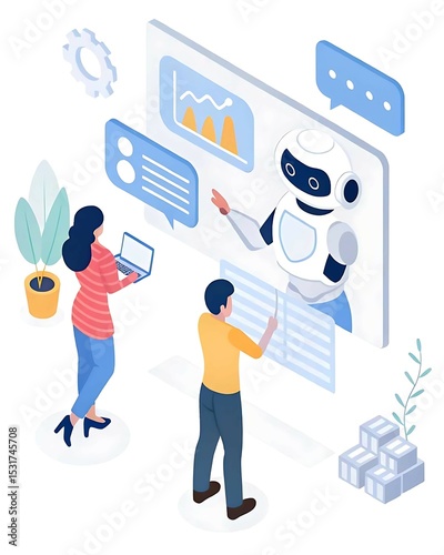 Flat vector illustration of an AI chatbot helping users on a digital interface with message bubbles, user queries, and tech icons – concept of virtual assistant, artificial intelligence, and customer 