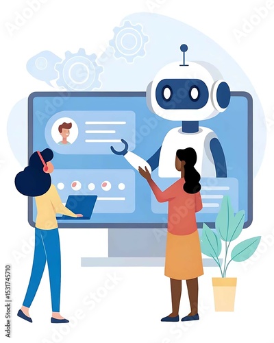 Flat vector illustration of an AI chatbot helping users on a digital interface with message bubbles, user queries, and tech icons – concept of virtual assistant, artificial intelligence, and customer 