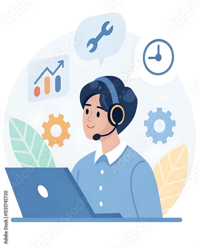 Flat vector of a customer support representative with headset surrounded by FAQ icons, dashboard screens, and message bubbles – concept of online tech support, help desk service, and business communic