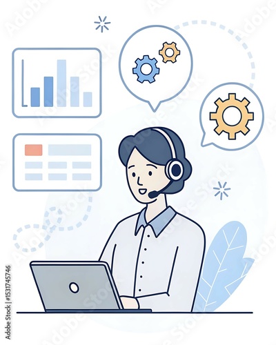 Flat vector of a customer support representative with headset surrounded by FAQ icons, dashboard screens, and message bubbles – concept of online tech support, help desk service, and business communic