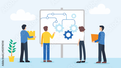Team members collaborating on a flowchart with gears on a whiteboard in a bright and modern office space