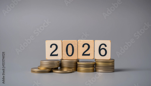 Wooden blocks displaying 2026 on stacked coins with a gray background, conveying a financial and modern theme.