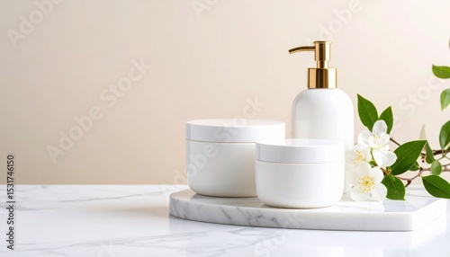 Productos de baño y frascos minimalistas sobre base y fondo floral