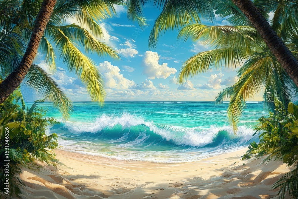 Fototapeta premium Tropical beach scene with palm trees and waves.