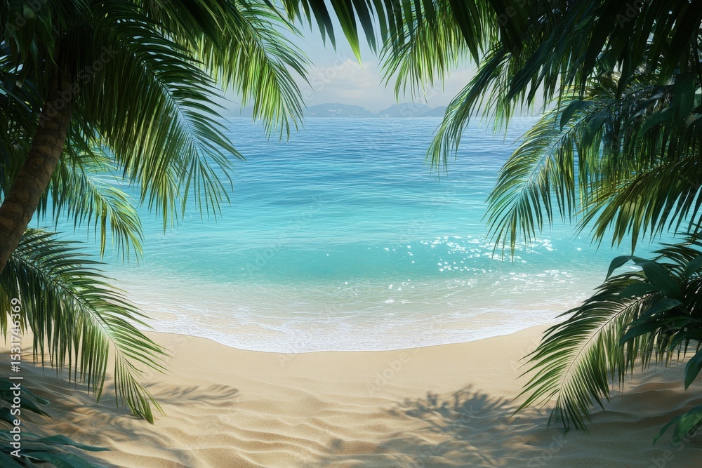 Fototapeta premium Tropical beach scene with palm trees framing the view.