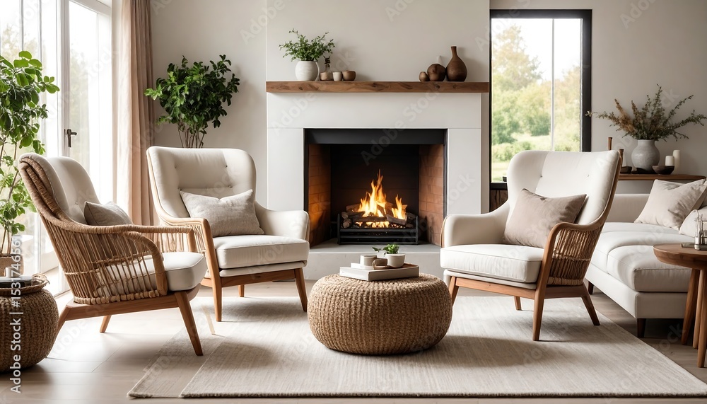 Obraz premium Cozy Living Room with Fireplace and Rattan Chairs